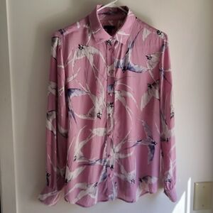 Ann Taylor Pink Bird Print Silk Button Down Shirt